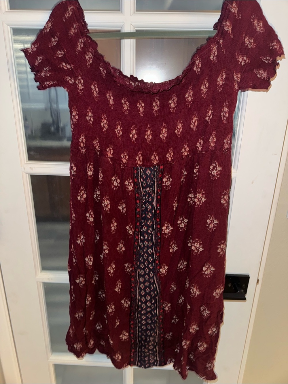 Xhilaration XL Burgundy Boho Peasant Dress Floral Print Stretch Midi Smocked